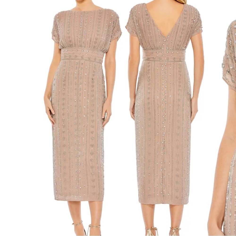 MAC DUGGAL Beaded Empire Waist Column Midi Cocktail Dress